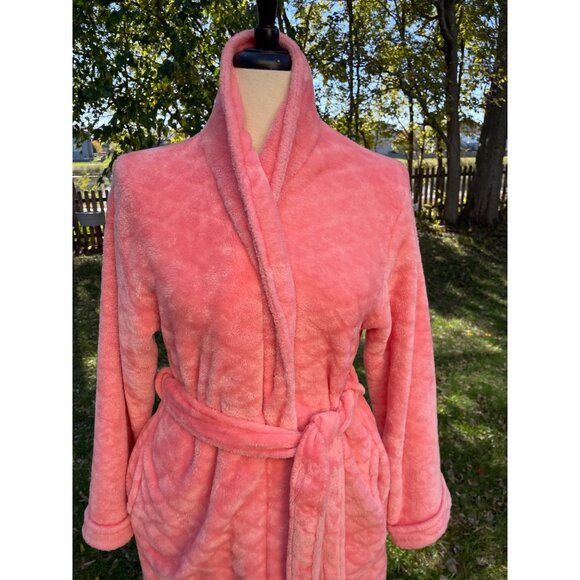 Womens Coral Pink Plush Fleece Bathrobe With Belt & Pockets By Just Love M - Picture 2 of 9